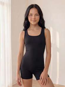 SHEIN Tween Girls Black Activewear Jumpsuit, Heart Design On Back, Mesh Fabric Patchwork, Fashionable & Flattering Slim Fit. Soft Stretchy Material For Comfortable & Free Movement, Suitable For Daily Outings, Leisure Wear Or Light Activities. Summer & All Season - Black - View 3
