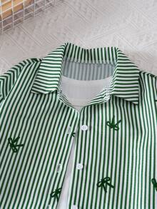 SHEIN 3件套女童编织条纹蝴蝶结装饰休闲衬衫+纯色针织背心+短裤套装 - 綠色 - 查看 8
