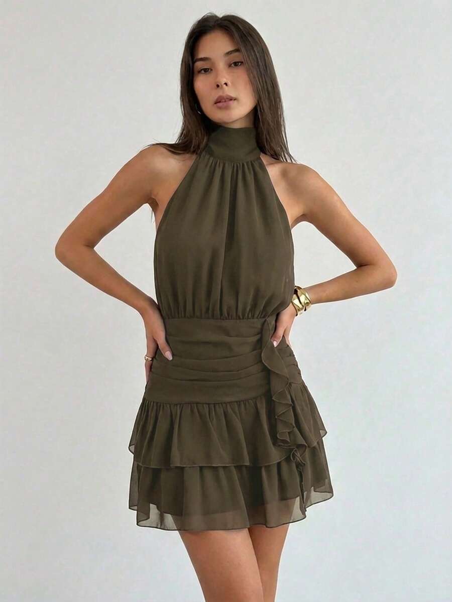 Aloruh Ruched Waist Ruffled Backless Halter Mini Dress, Suitable For Valentine's Day,Dresses For Women Summer - Army Green - View 1