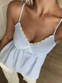 DAZY Blue And White Stripe Contrast Lace Trim Waist Flared Hem Casual Tropical Vacation Summer Tank Top For Women Vacation - Blue - View 7