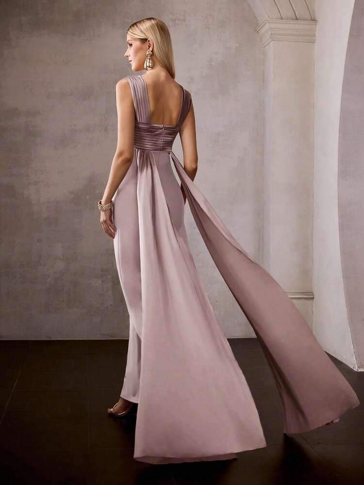 MOTF Soiréza ELEGANT WIDE SHOULDER STRAP MAXI PARTY DRESS FOR WOMEN , RUCHED SHOULDER & CHEST DETAIL, BACK DRAPED RIBBON, KNIT CONNECT SATIN FABRIC, PERFECT FOR WEDDINGS, AWARD CEREMONIES & HIGH-END PARTIES EVENTS NEW YEAR OUTFIT , VALENTINE'S DAY PARTY OUTFITS
