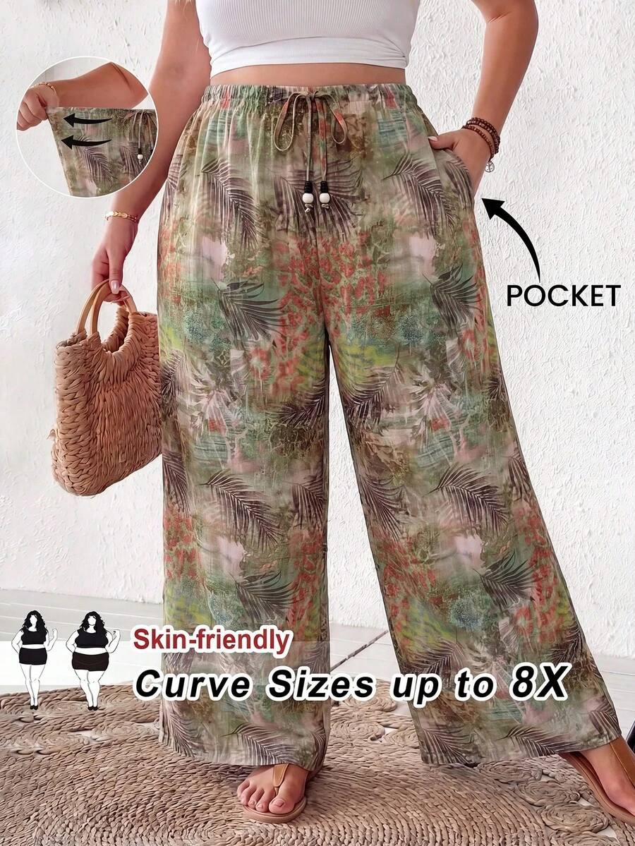 SHEIN CURVE+ Plus Size Women's Tropical Print Beaded Drawstring Waist Loose Lightweight Wide Leg Cover-Up Pants, Summer, Boho, Beach, Holiday - Green - View 1