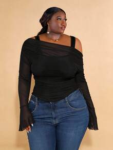 CurvyTilda Plus Size Black Off-Shoulder Asymmetrical Flare Long-Sleeved 2 In 1 Elegant And Sweet Tops, Suitable For Daily Outings And Dates, For Hourglass Body Shape - Black - View 3