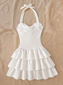 SHEIN Teen Girl Halter Starfish Shell Decor Ruffle V-Neck Floral Knit Textured Tiered Cake Dress For Summer,Beach,Holiday,White Cruise Island Vacation - White - View 3