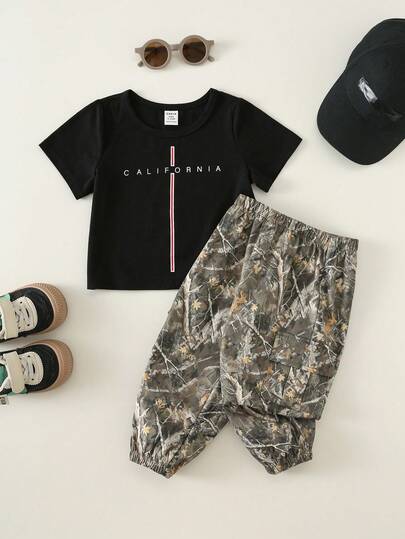 SHEIN 2pcs/Set Baby Boy Cute Summer Street Style Black Short Sleeve T-Shirt & Green Elastic Waist Pants Set, Camouflage Cargo Pants Set, T-Shirt Set, Infant Outfit