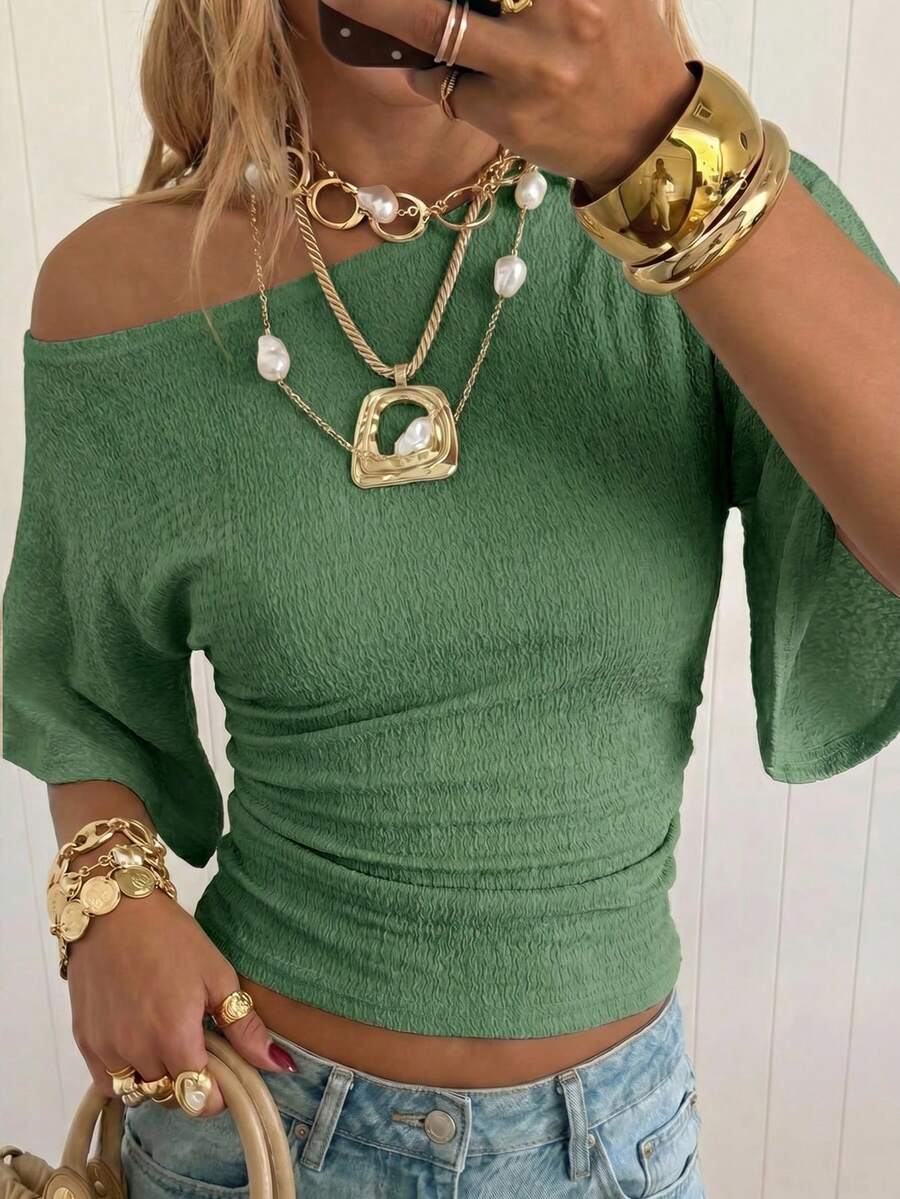SHEIN EZwear 女士橄榄绿不对称领口褶皱T恤 - 橄欖綠 - 查看 1
