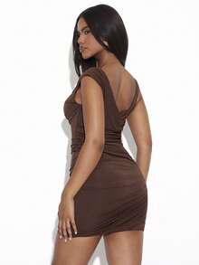 Hauture Women's Asymmetrical Strap Draped Shoulder Knit Dress Dark Brown Summer Seksi Chic Sexy Club Night Old Money Style Fitted Minimalist Night Out - Brown - View 2
