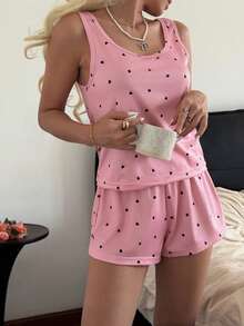 SHEIN Casual Underwear&Sleepwear 女士休闲针织吊带背心和短裤睡衣套装，心形印花 - 彩色 - 查看 6