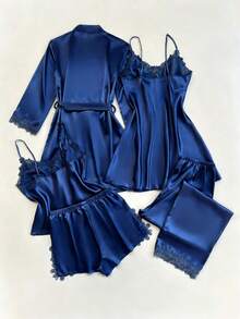 SilkySpell 5pcs Women Embroidered Trim V-Neck Camisole, Shorts, Pants, Nightgown, Robe Satin Pajama Set - Navy Blue - View 2