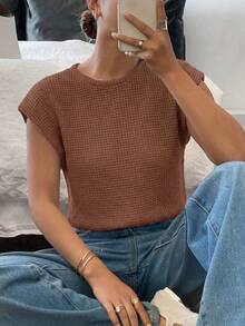 Siren Gaze Casual Solid Color Round Neck T-Shirt, Versatile For Summer,Summer Top - Chocolate Brown - View 4