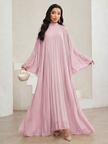 Veilorie Women's Elegant Minimalist Solid Color Loose Pleated Arabic Style Dress - Pink - View 7