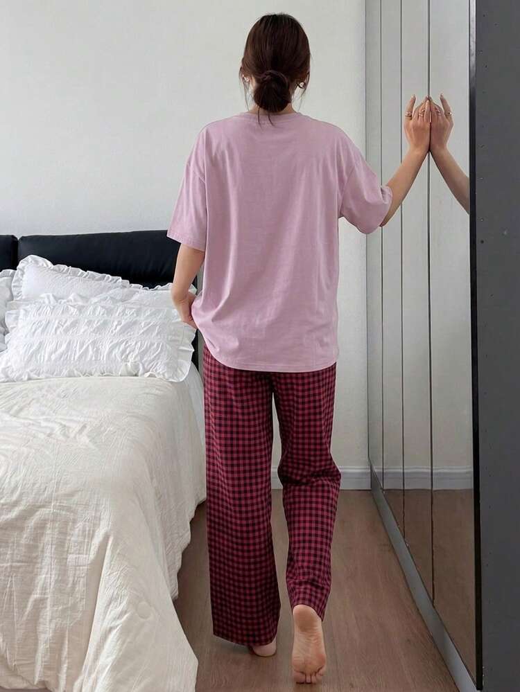 Women's Comfortable Dog Print Round Neck Drop Shoulder T-Shirt And Plaid Pants Pajama Set, Summer
