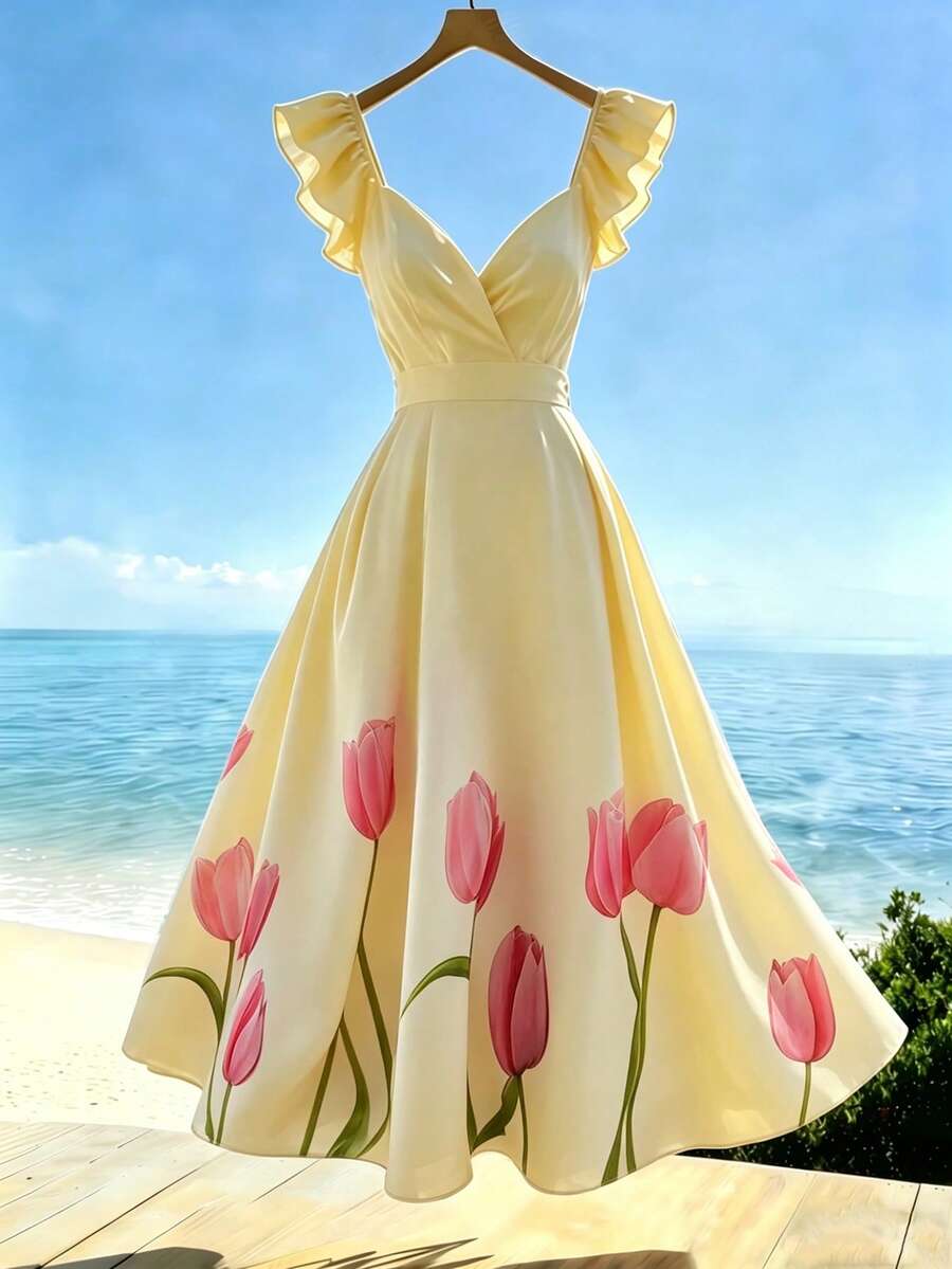 Franclia Đầm nữ in hoa, cổ tim, viền bèo nhún, dáng dài ngang gối, thanh lịch. - Màu vàng - Xem 1