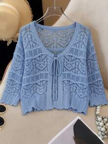 GlowEve CURVE Plus Size Elegant Hollow Out 3/4 Sleeve Round Neck Tie Bow Cardigan - Blue - View 1