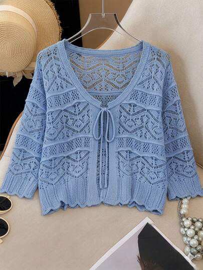 GlowEve CURVE Plus Size Elegant Hollow Out 3/4 Sleeve Round Neck Tie Bow Cardigan