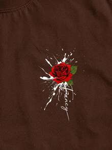 StoneGrade Camiseta casual de cuello redondo con hombros caídos, corte holgado, con estampado de letras y flores para hombre - Marrón - Ver 4
