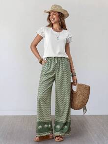 Wildy Quần dài nữ mùa hè kiểu dáng BOHO phong cách miền Tây hoang dã, họa tiết retro, thích hợp cho lễ hội âm nhạc đồng quê, ống thẳng có túi, phù hợp mặc hàng ngày và đi làm. - màu xanh lá - Xem 5