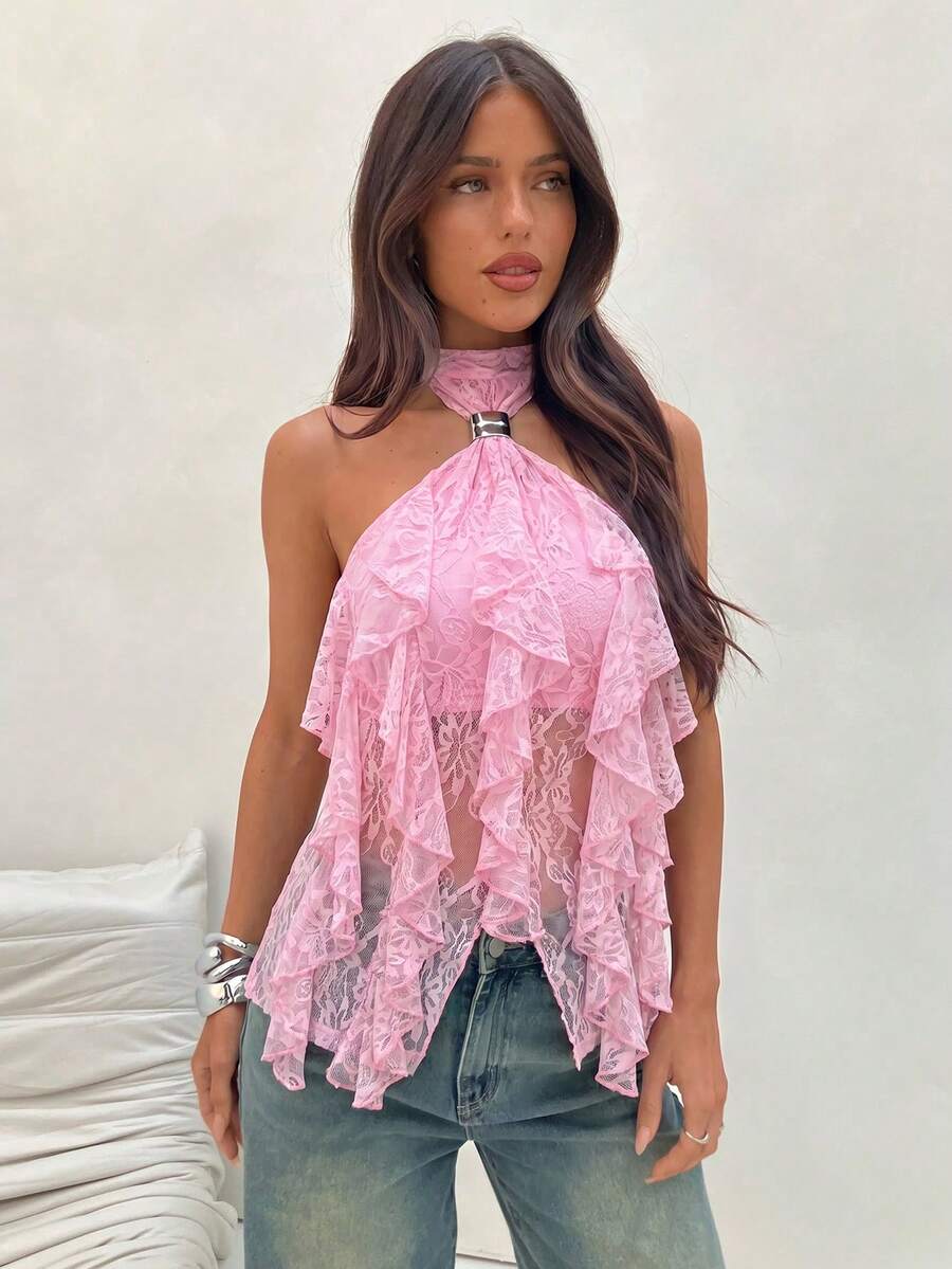 Aloruh Áo tank top ôm dáng cổ đứng nhiều lớp, viền bèo nhún, thanh lịch dành cho nữ - Hồng - Xem 1