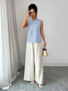 Selianne 2pcs/Set Women's Summer Elegant Work Outfit,Bamboo Fiber Sleeveless Top & Wide Leg Pants,Light Blue And White Dual-Color Casual Commuter Top & Pants - Blue - View 8