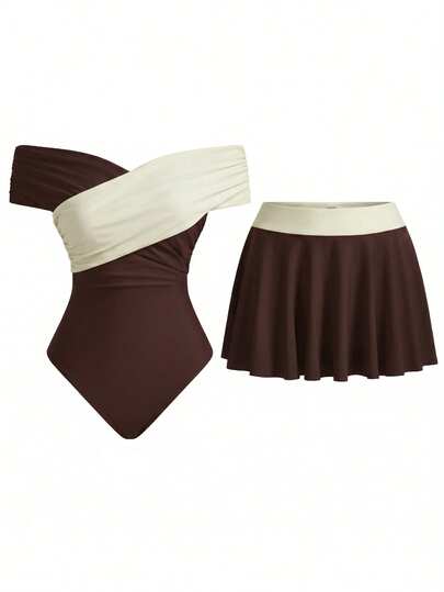 Swim Oasis Women's Summer Vacation Cute Criss-Cross Off-Shoulder Matching Skirt Set