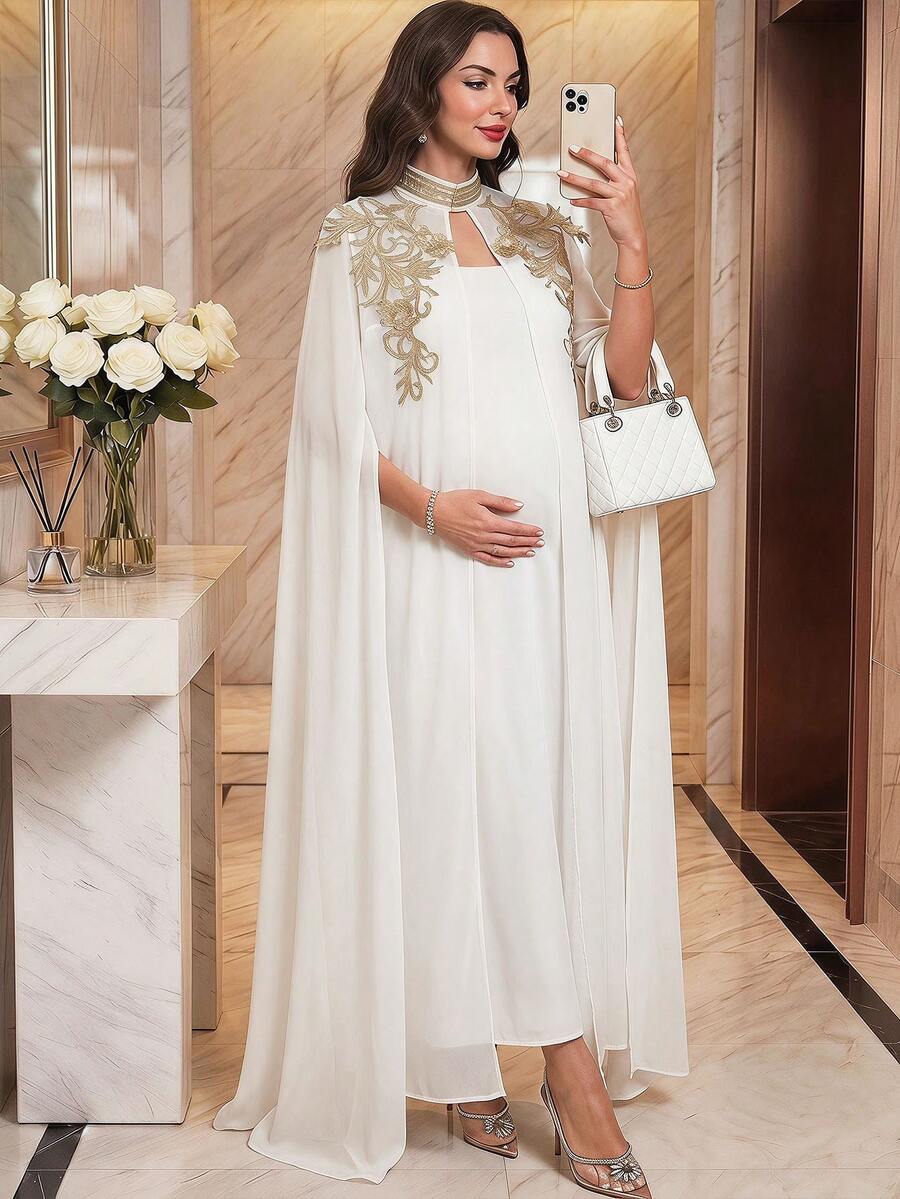 SHEIN 两件套孕妇优雅无肩带连衣裙和外套套装 - 白色 - 查看 1