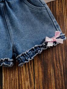 Bộ 2 món cho bé gái, gồm áo thun ngắn tay cổ tròn in hình công chúa và quần short denim cạp chun xếp ly, chất liệu cotton mềm mại, nhẹ, thời trang không thể thiếu cho bé gái, phù hợp mặc mùa xuân/hè, mặc hàng ngày, đi chơi, dự tiệc, sản phẩm mới mùa hè 2026. - trắng - Xem 7