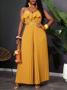 Reflora Plus Size Women Solid Color Backless Tie Pleated Wide Leg Jumpsuit - Yellow - View 6