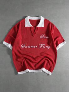 ROMWE MEN Prep Áo Polo nam dệt kim thêu - Đỏ - Xem 1