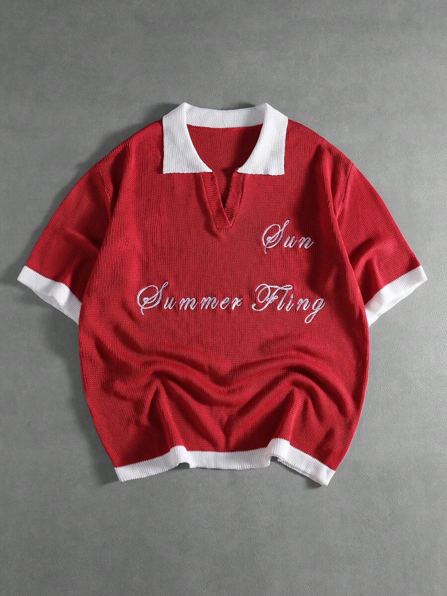 ROMWE MEN Prep Áo Polo nam dệt kim thêu - Đỏ - Xem 1