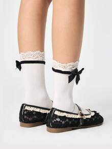 ROMWE Kawaii Women's Fashionable & Sweet Bow Decor Flats Valentine's Day Y2K - Black Hollow Lace - View 6