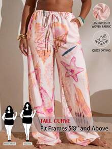 SHEIN Tall CURVE 大码女式时尚百搭海星印花抽绳腰带口袋裤 - 淺粉色 - 查看 3