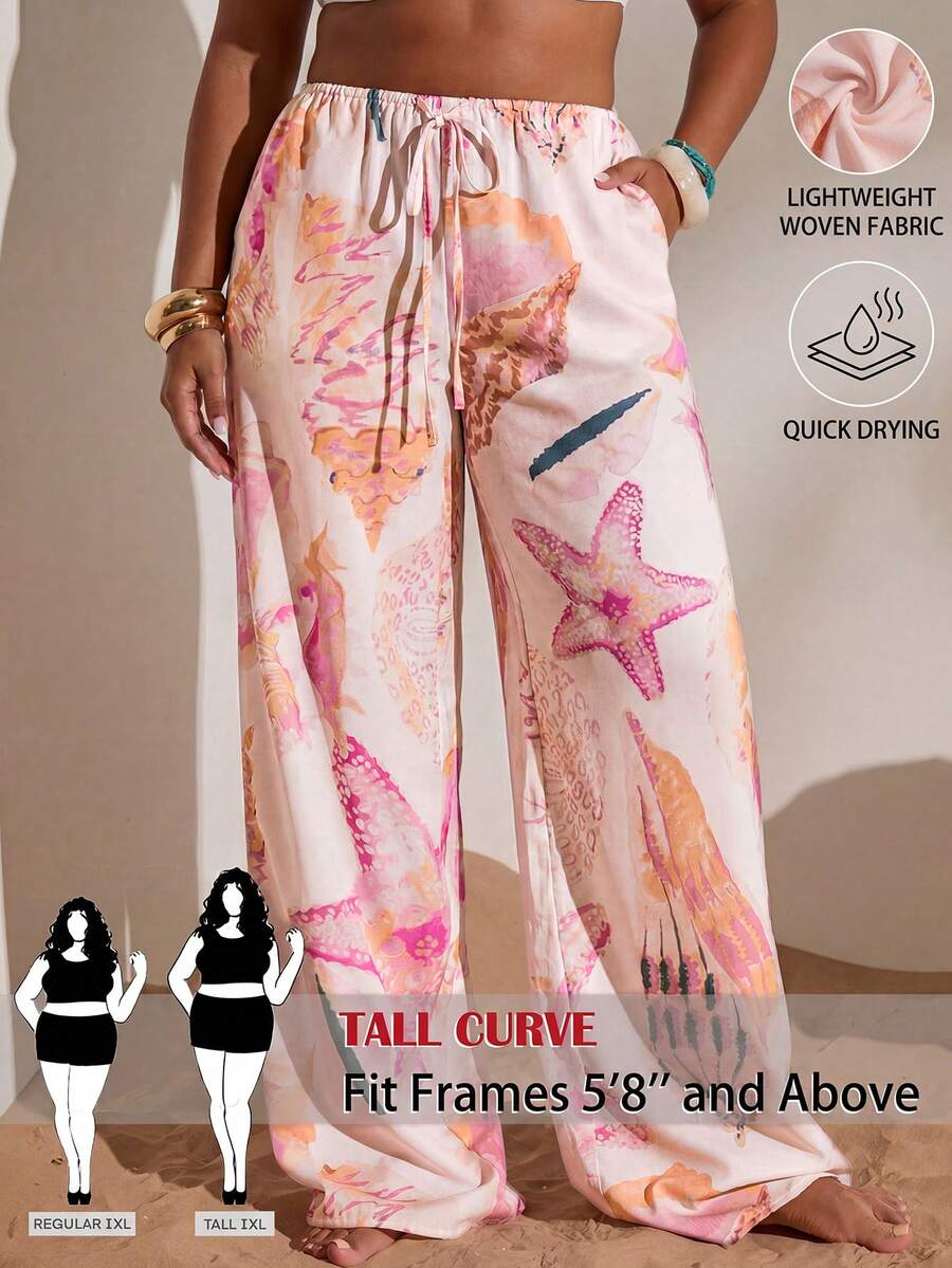 SHEIN Tall CURVE Quần nữ cỡ lớn thời trang đa năng in hình sao biển, cạp chun có túi, dây rút - Màu Hồng baby - Xem 1