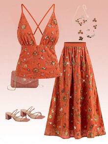 Ellevyn Women's Burnt Orange Boho Summer V-Neck Halter Top,Luxurious Beaded Floral Sequin Vacation Holiday Outfit,Brunch Day Party Zante Zoo Zoey Outfits - Burnt Orange - View 7