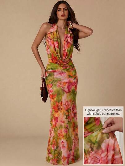 SHEIN BAE Đầm ren đen xuyên thấu cổ xếp nếp xẻ cao, lớp lưới mỏng nhẹ bên ngoài, trang phục nghỉ hè thanh lịch dành cho phụ nữ.