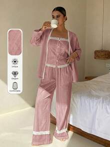 DAZY 3件套度假风波点纹理面料女士夏季睡衣套装 - 淡紫色 - 查看 5