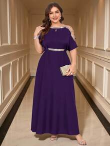 SHEIN Clasi Plus Size Elegant Party Sequin Embellished Off-Shoulder Dress - Purple - View 7