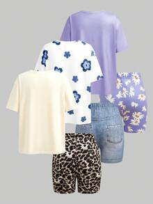 Girlism 3件套少女T恤套装，春夏新品：1. 复古豹纹蝴蝶结装饰款，2. 淡紫色波西米亚雏菊图案款，3. 复古简约花卉设计款。休闲圆领宽松T恤搭配修身短裤，适合春夏日常穿着和街头风。 - 彩色 - 查看 2