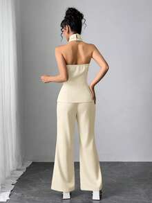Modelyn Bộ đồ 2 mảnh dành cho nữ, gồm áo hai dây màu trơn và quần ống loe, thời trang cho việc đi làm. - Màu be - Xem 3