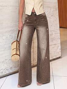 Selenza Women's Casual Chic Washed Rhinestone Embellished Wide Leg Jeans Night Out Coffee Brown Summer - Coffee Brown - View 2