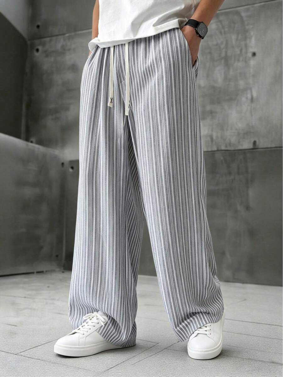 SLATEMANN Casual, Loose Gray And White Striped Pants, Versatile For Commuting - Grey - View 1