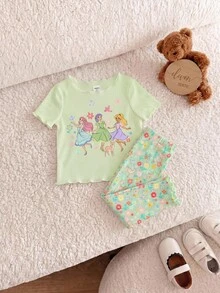 SHEIN Bộ 4 món đồ ngủ cho bé gái, họa tiết gấu hoạt hình dễ thương và hoa, cổ tròn, tay ngắn, viền bèo nhún, chất liệu dệt kim, thoải mái. - Nhiều màu - Xem 5