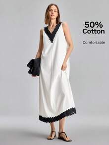 Ontre 2026SS New Summer Women Black And White V-Neck Lace Trim Dress, Elegant Graduation/Vacation/Beach Vacation/Music Festival Dress For Ladies - White - View 4