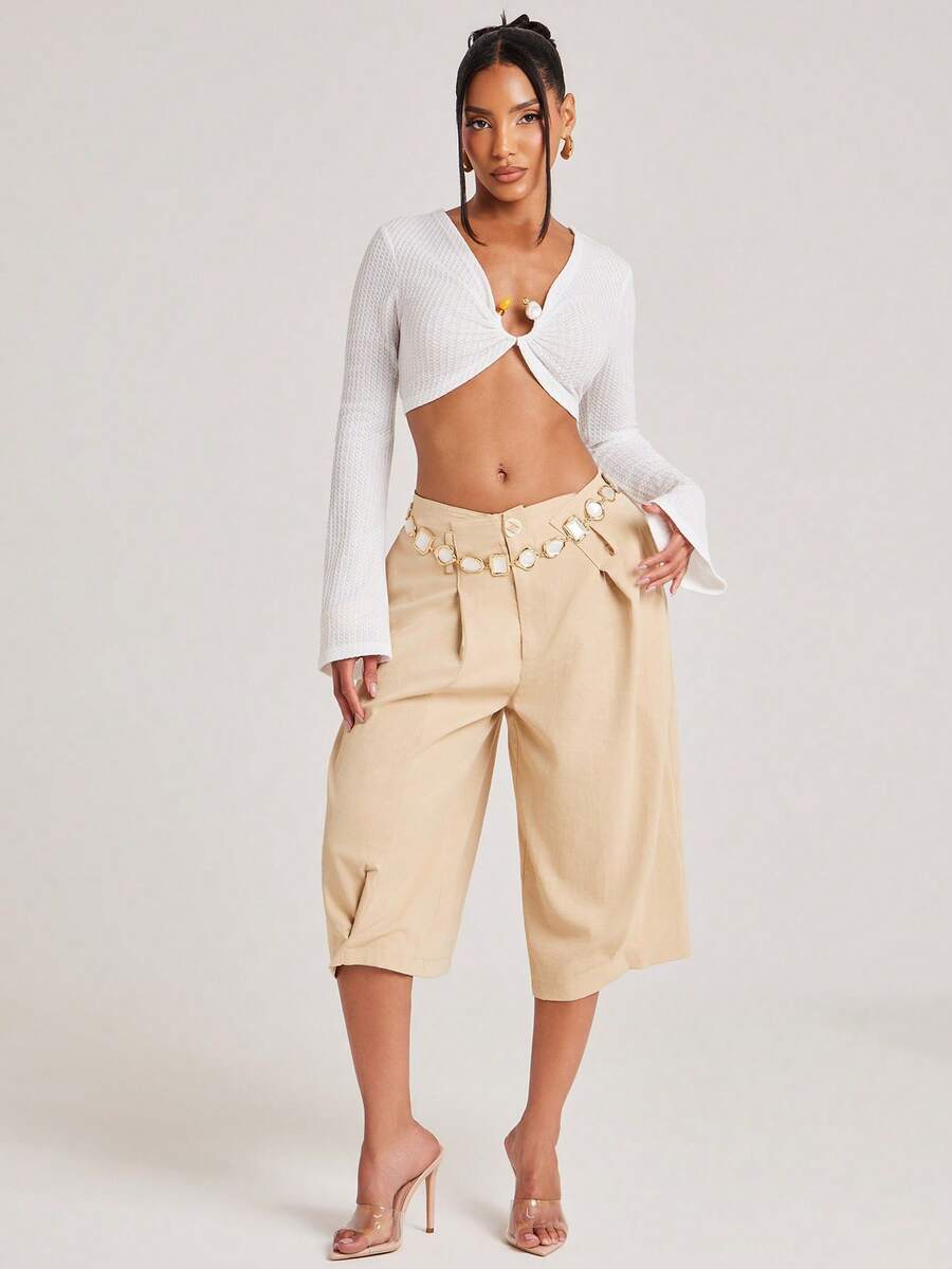 NYA SZN Pant Capri Length Short Knee Length Pleated Asymmetrical Waistband Brunch Casual Everyday Party Special Occasion Outfits For Women - Brown - View 1