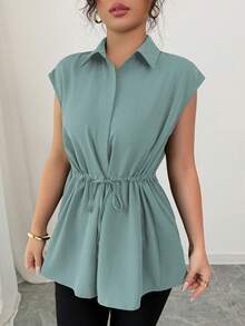 Elenzga Women's Casual Smart Casual Teachers' Day Style Solid Color Shirt Collar Button Down Drawstring Waist A-Line Dropped Shoulder Blouse Top Office - Mint Green - View 5