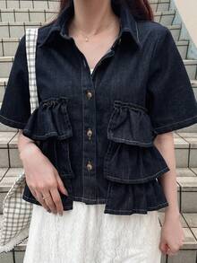FRIFUL Blusa de mezclilla lavada informal con dobladillo con volantes para mujer - Azul - Ver 5