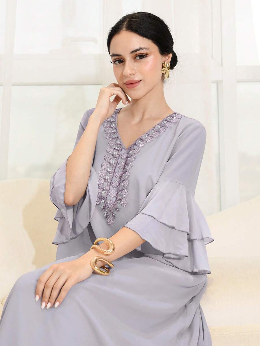 Yasmyna Đầm kiểu Ả Rập tay chuông thanh lịch dành cho nữ - Màu tím hoa cà - Xem 1