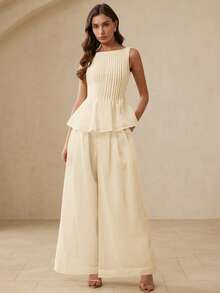 BELROSIE Casual Chic Commuting & Vacation Loose Linen Sleeveless Top With Ruffle Hem Paired With Wide Leg Pleated Pants 2 Pieces Set - Beige - View 6