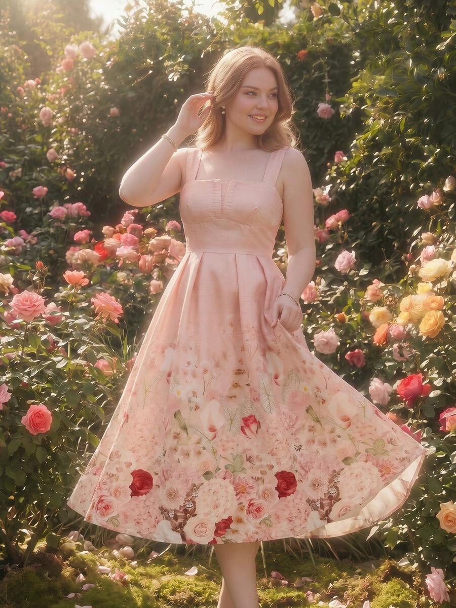SHEIN MOD Plus Size Summer Pink Placement Print Romantic Elegant Dress, Countryside Style, Suitable For Parties, Palace Style, Retro Outfit