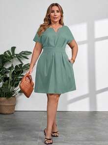 SHEIN Clasi Plus Size Solid Color Notched Neck Belted Elegant Summer Dress For Women - Mint Green - View 5