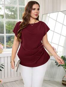 Reflora Plus Size Elegant Solid Color Ruched Blouse For Commuting, Summer - Burgundy - View 5